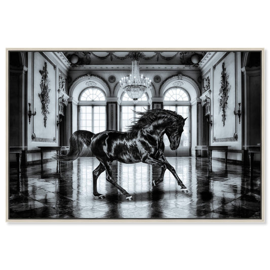 Country Farmhouse Canvas Print Painting Animal Wall Art 'Elegant Black Ballroom Horse' Champagne Framed Canvas Rustic Home Décor 54x36 in Black, Gray by Oliver Gal