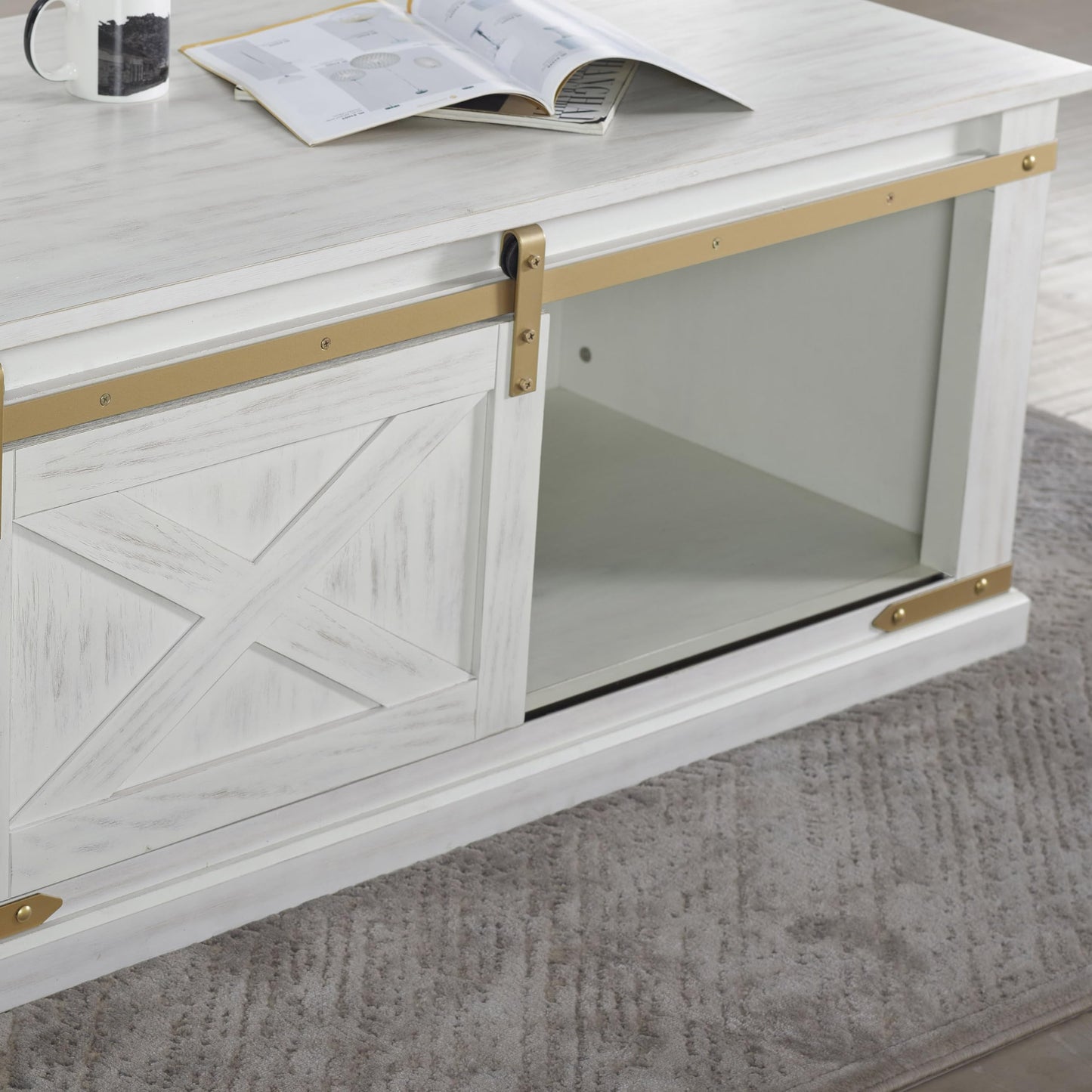 Furniture of America Canya Solid Wood Rectangle Coffee Table with Barnyard Design, Open Shelves and Pull Out Drawer, Home Décor for Living Room, Lounge Area, Office, Antique White