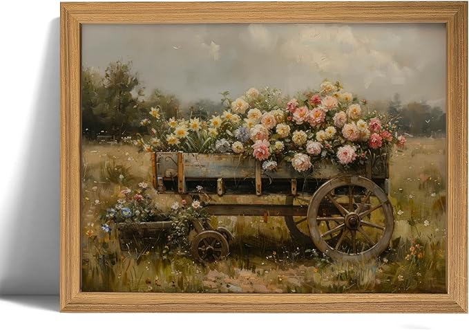 Rustic Flower Cart Wall Art–Vintage Wooden Wagon with Colorful Wildflowers Canvas Print Farmhouse Country Landscape Painting,wildflower field Poster Prints,floral farmhouse decoration,Wood Frame 16x24in