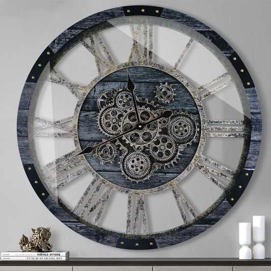 TOPPTIK 40 Inch Oversized Moving Gear Wall Clock, Large Wall Clock Living Room Decor, Solid Wood Frame, Battery Operated, Steampunk Industrial for Fireplace (Gray)