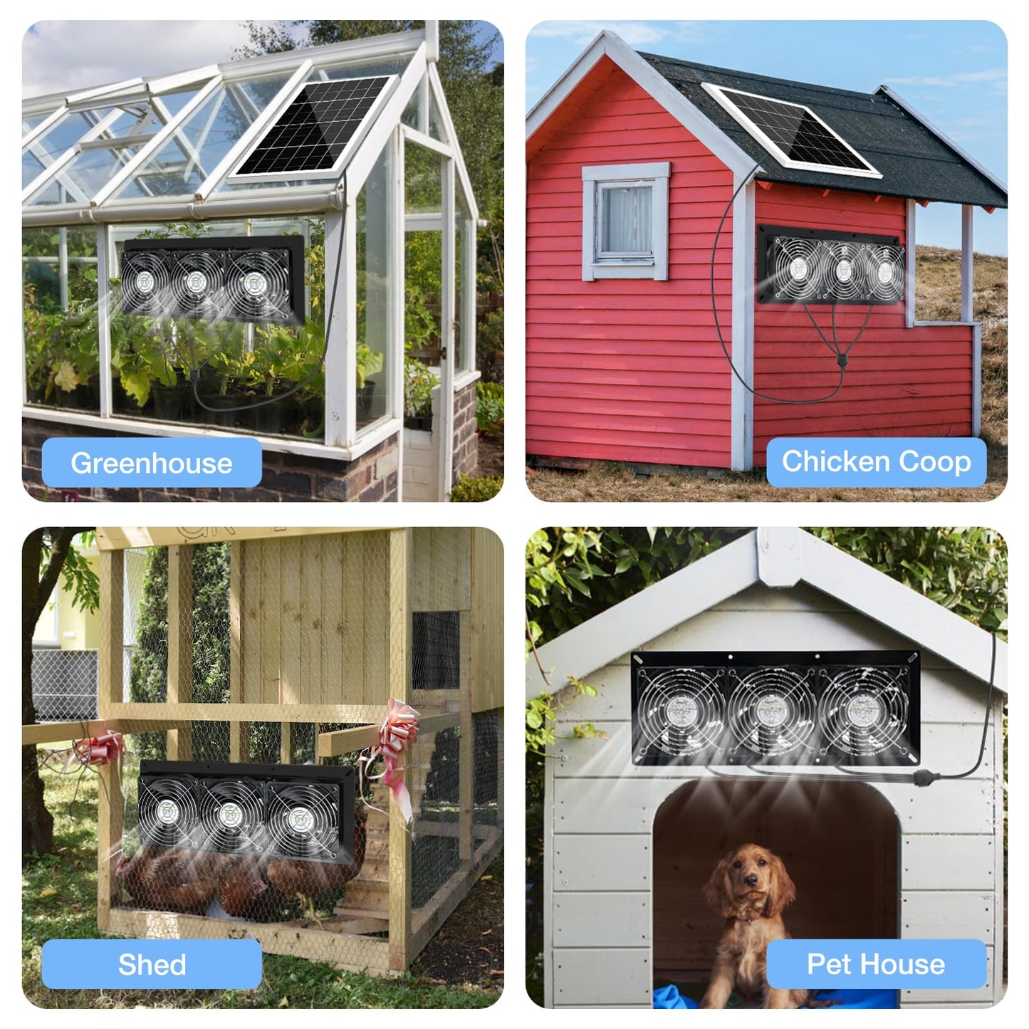 Fanspex Solar 3 Fan Kit, 25W Waterproofed Solar Powered Fans for Outdoor Chicken Coop, Greenhouse & Shed Intake or Exhaust Air
