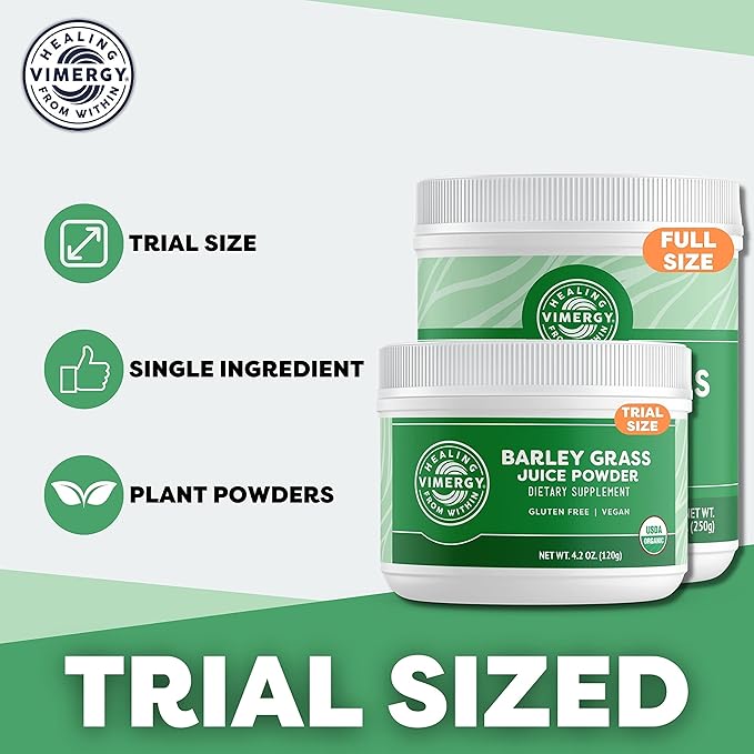 Vimergy Barley Grass Juice Powder Dietary Supplement - 0.8g per Serving (150 Servings) – Clean Superfood Formula – Promotes Cardiovascular Health* – Organic, Vegan & Gluten-Free – Travel Size 120g