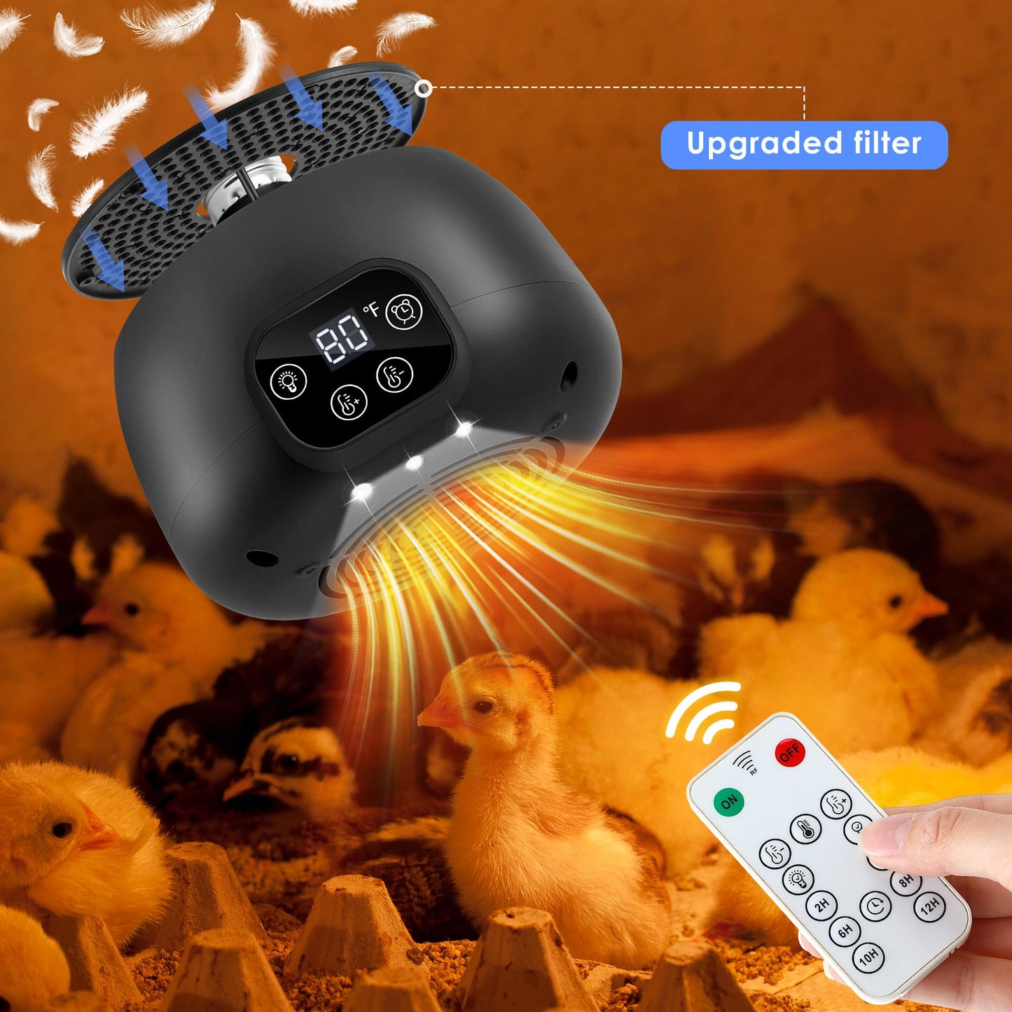 Gulfmew 1 Pack Chicken Coop Heater with Remote, 200W Chicken Coop Warmer Temperature Control with Lights, Heat Lamps for Chickens with Digital Display and 5Ft Cable for Reptiles/Duck/Lizard