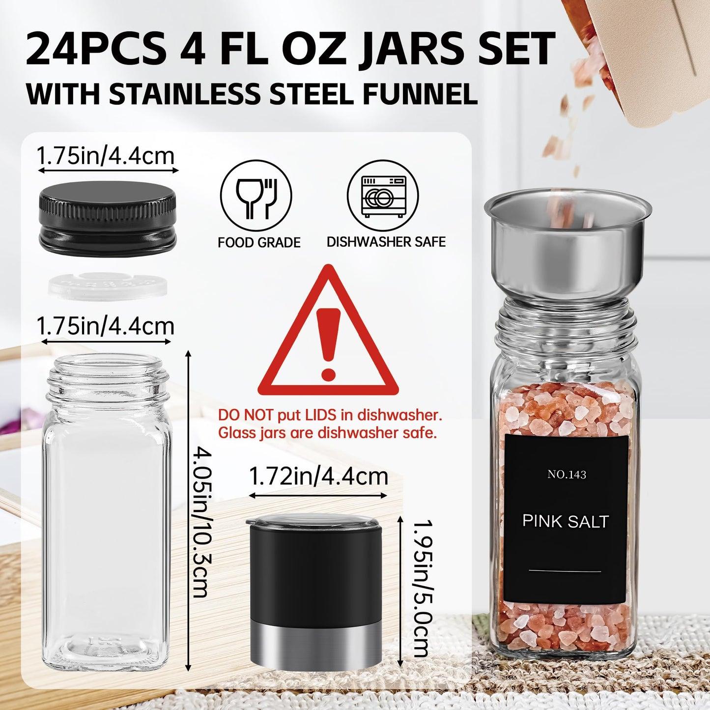 Miuyhji Spice Jars, 24 Pcs 4oz Seasoning Jars with Label, Glass Jars with Shaker Lids, Spice Containers Bottles with Pepper Grinder & Stainless Steel Funnel for Seasoning Organizer, Cabinet, Drawer