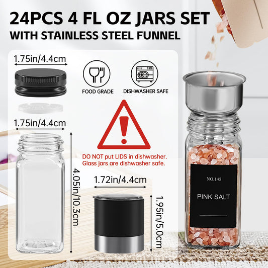Miuyhji Spice Jars, 24 Pcs 4oz Seasoning Jars with Label, Glass Jars with Shaker Lids, Spice Containers Bottles with Pepper Grinder & Stainless Steel Funnel for Seasoning Organizer, Cabinet, Drawer