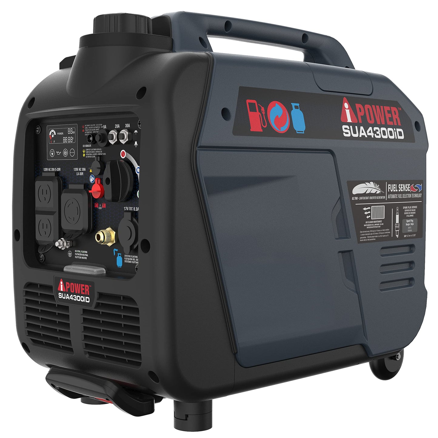 A-iPower 4300-Watt Dual Fuel Portable Inverter Generator, RV Ready Lightweight w/CO Sensor for Backup Home Use, Tailgating & Camping, CARB Compliant (SUA4300iD)