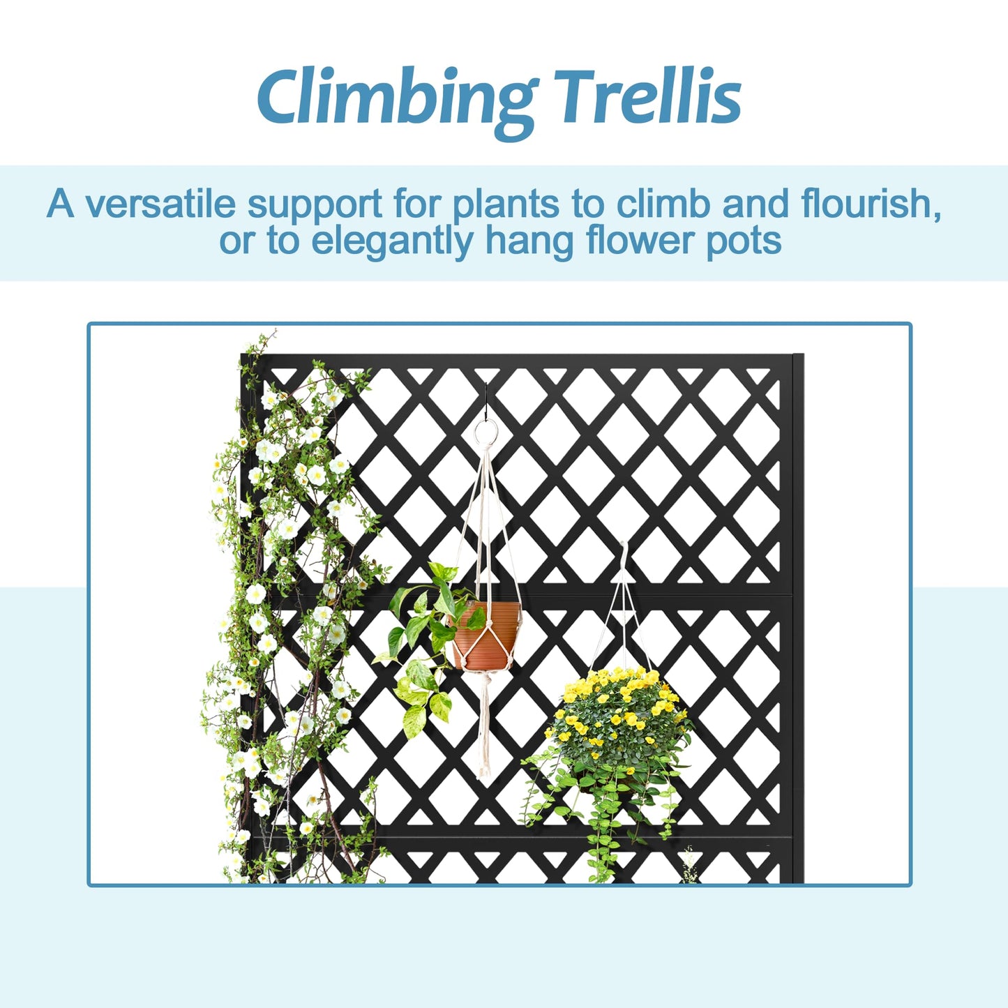 TUYOHW Metal Planter Box with Trellis & Wheels, Raised Garden Bed with Privacy Screen, Outdoor Standing Flower Beds with Drainage Hole for Climbing Plants, Vine, 47.2''L×15.7''W×70.9''H, Black