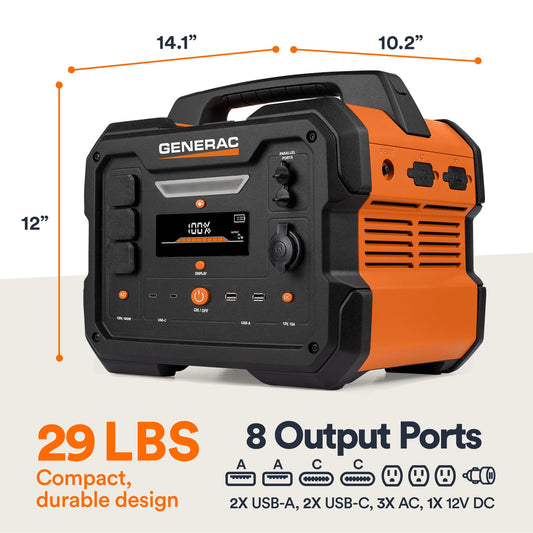 Generac 1086Wh Portable Power Station with Lithium-Ion Battery - Clean, Emission-Free Power - Wirless Charging Pad and Compact Design - Camping, RV, Indoor/Outdoor Use - Orange/Black