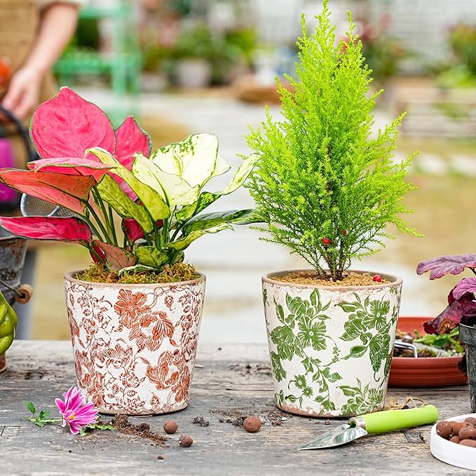 Sungmor Vintage Ceramic Plant Pots, Set of 3 Pretty Ice Cracked Glaze Ceramic Flower Pots, 5.5in. Herb Planters with Drainage Hole, Tuscan Planters for Indoor Outdoor Plants, Home Garden Decor Pot