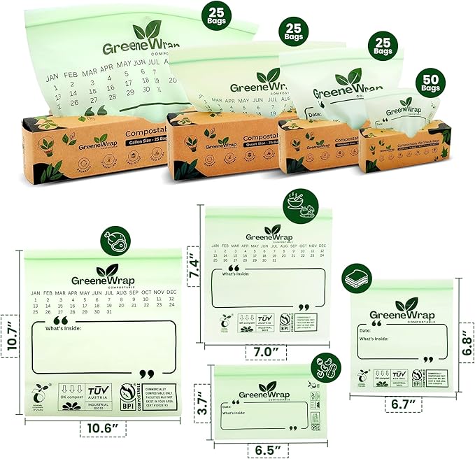 Compostable Snack Size Zip Bags 50 Count Extra Thick 2 mil Resealable, Leak-Proof, Freezer Safe Disposable Food Storage Bags, BPI and OK Compost Home Certified, ASTM D6400