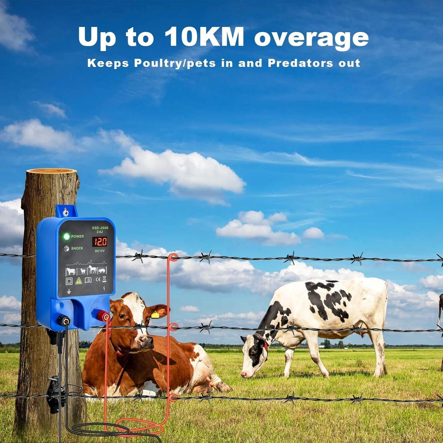 Electric Fence Charger 10km 2J High Power Pulse Electric Fencing Controller 10.5kv Portable Electric Fencer Kit For Garden Farm Poultry Livestock Goat Cattle Horse Deer Electric Netting Fencer Charger