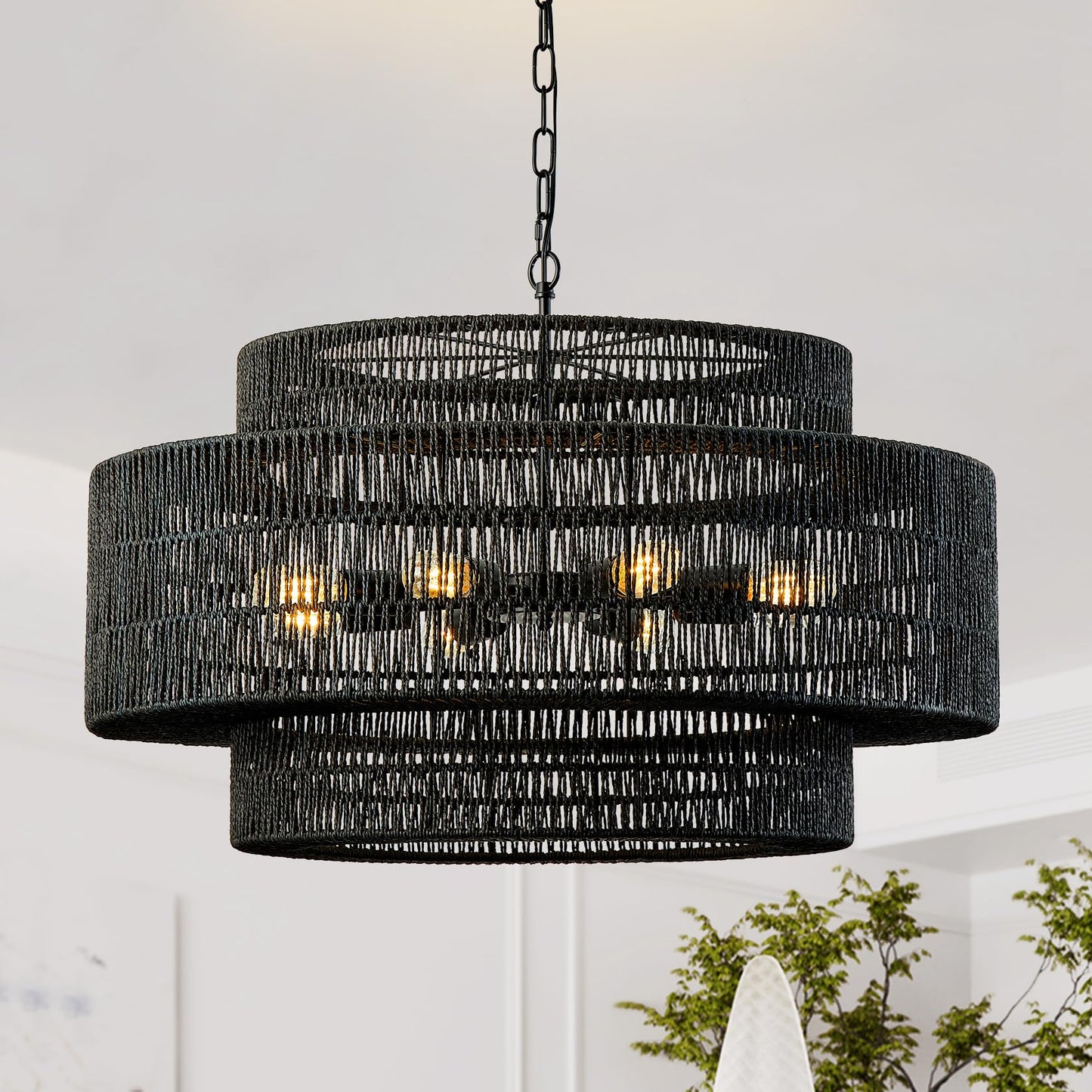 Giutna 31.5"Large Boho Rattan Farmhouse Chandeliers for Dining Room,8-Light Rattan Hand-Woven Rustic Drum Chandelier Pendant Light Fixture for Kitchen Island Bedroom Living Room Entryway Foyer(Black)