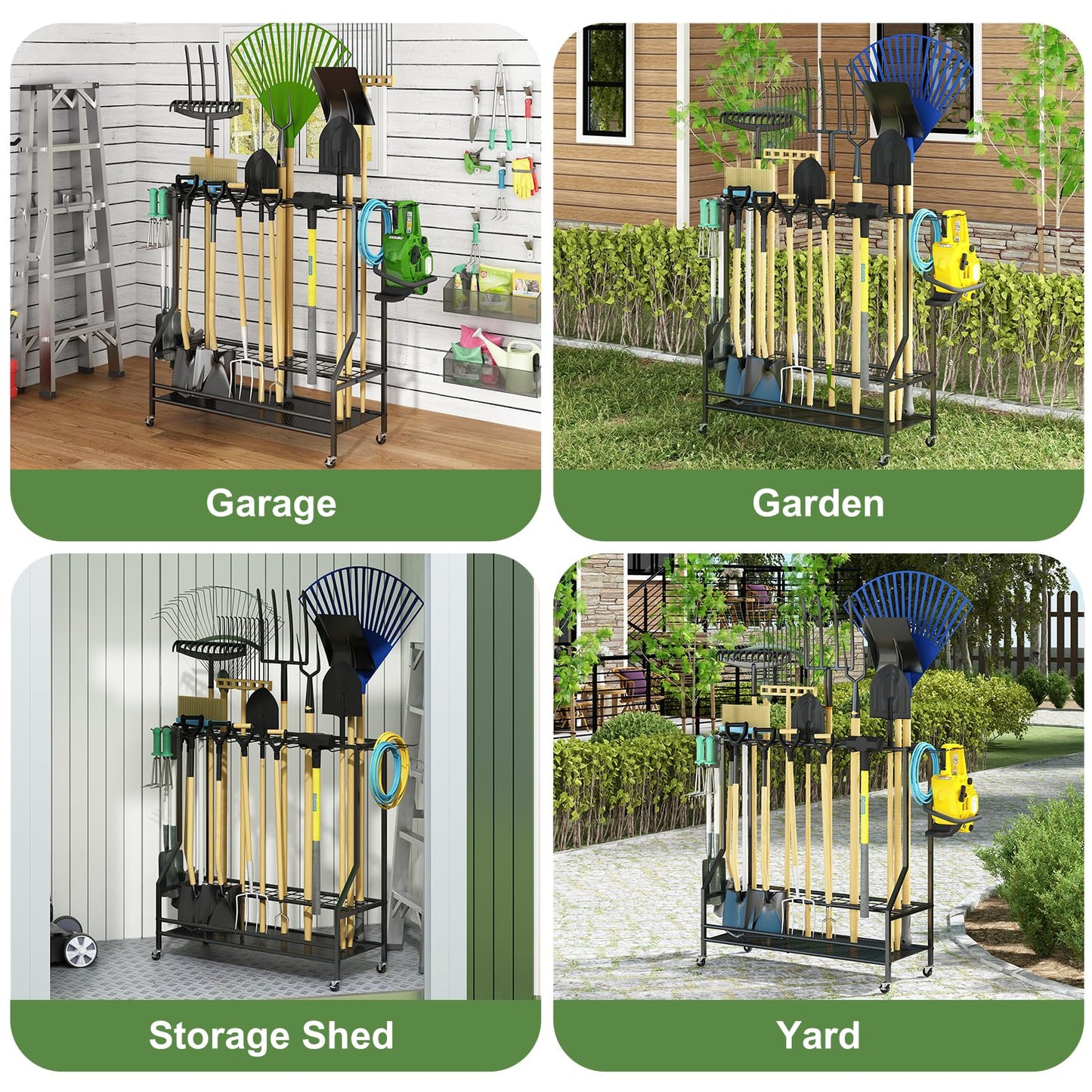 GILLAS Garden Tool Organizer for Garage, Utility Storage Racks with Hooks, Metal Yard Tool Stand Holder Organizer for Long-Handled, Broom, Shovel, Rake, Sturdy Heavy Rack for Outdoor, Yard, Black