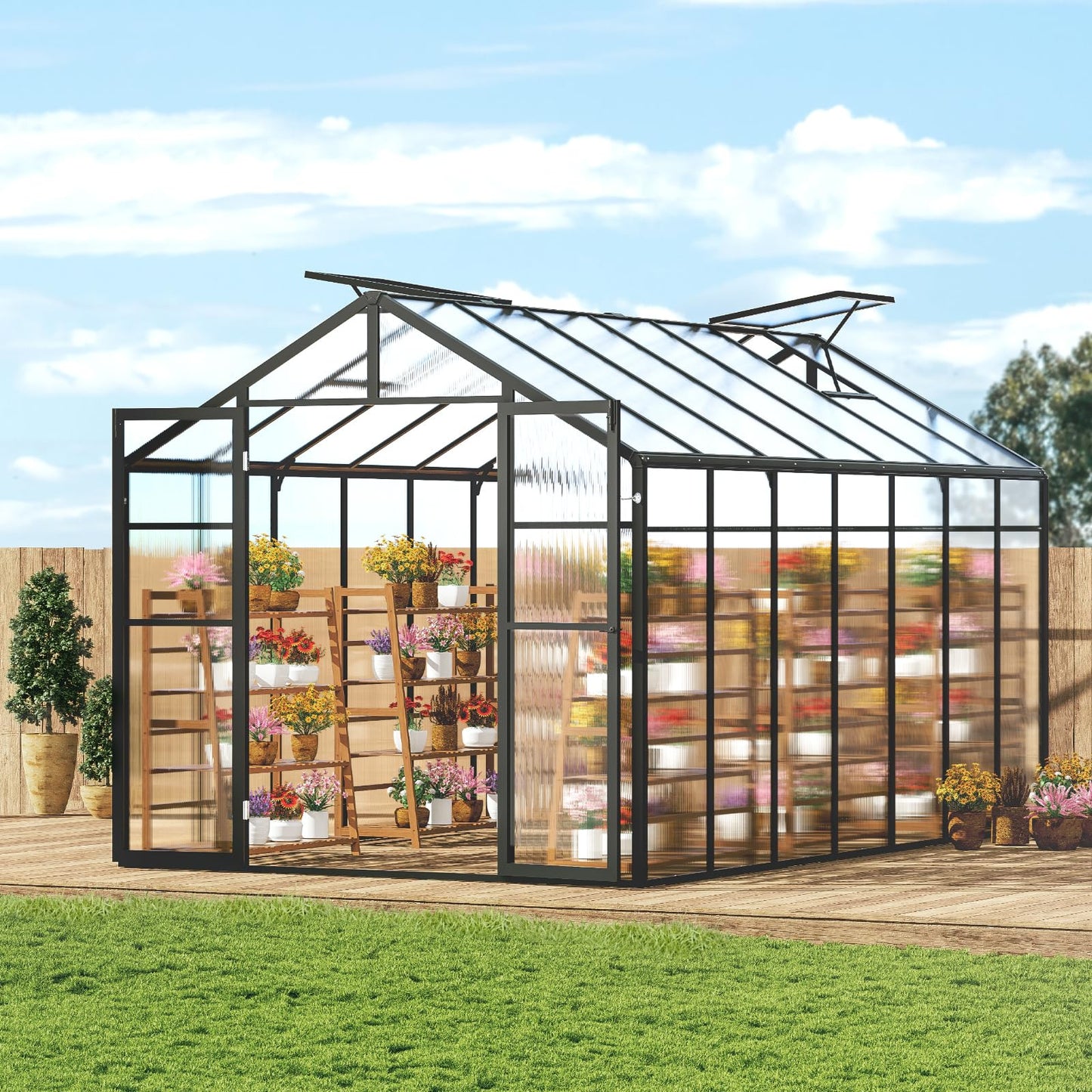 VEVOR Polycarbonate Greenhouse, 8 x 14 Ft, Outdoor Greenhouse with 2 Vent Windows, Pavilion Styled Greenhouse with Hinged Door, Aluminum Large Walk-in Greenhouse Kit for Outside Garden Backyard