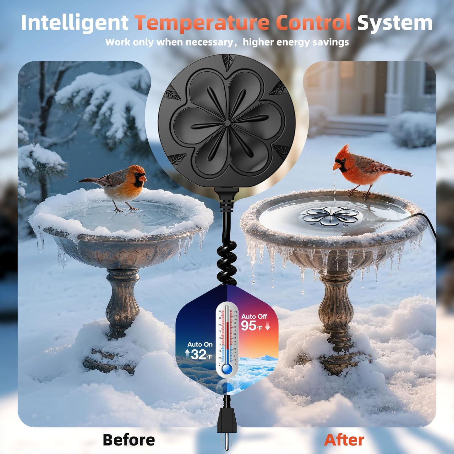 Bird Bath Heater for Outdoors in Winter, 110W Birdbath Water Heater Full-Covered Aluminum, Bird Bath Deicer Pond Deicer with Thermostatically Control, Chicken Water Heater, 4.92 Ft Power Cord (Black)