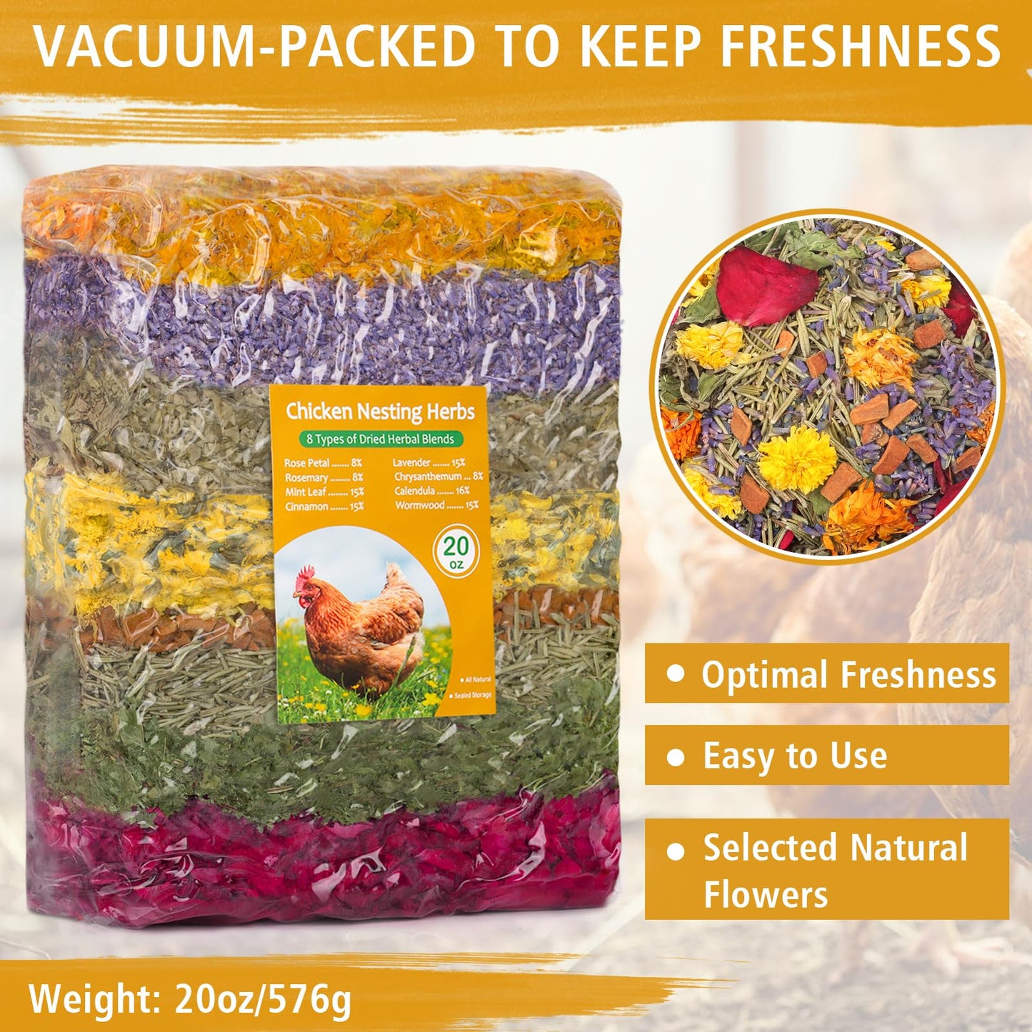 20oz Chicken Nesting Box Herbs - Natural Vacuum-Packed Blend of 8 Dried Flowers & Herbs - Bulk Herbs for a Fresh Chicken Coop, Promote Healthy Hens, Enhance Comfort & Boost Eggs Laying