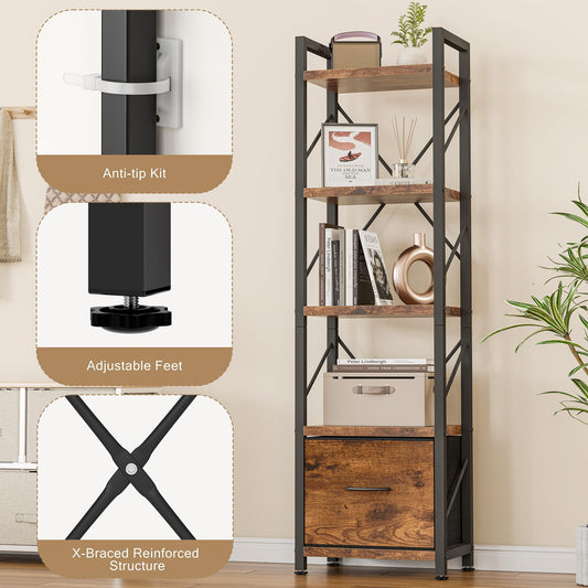 Shintenchi Bookshelf, 5 Tier Bookcase with Drawer,Home Office Bookcase Shelf Storage Organizer,Metal and Wood Industrial Bookshelves for Bedroom, Living Room and Home Office,Rustic Brown