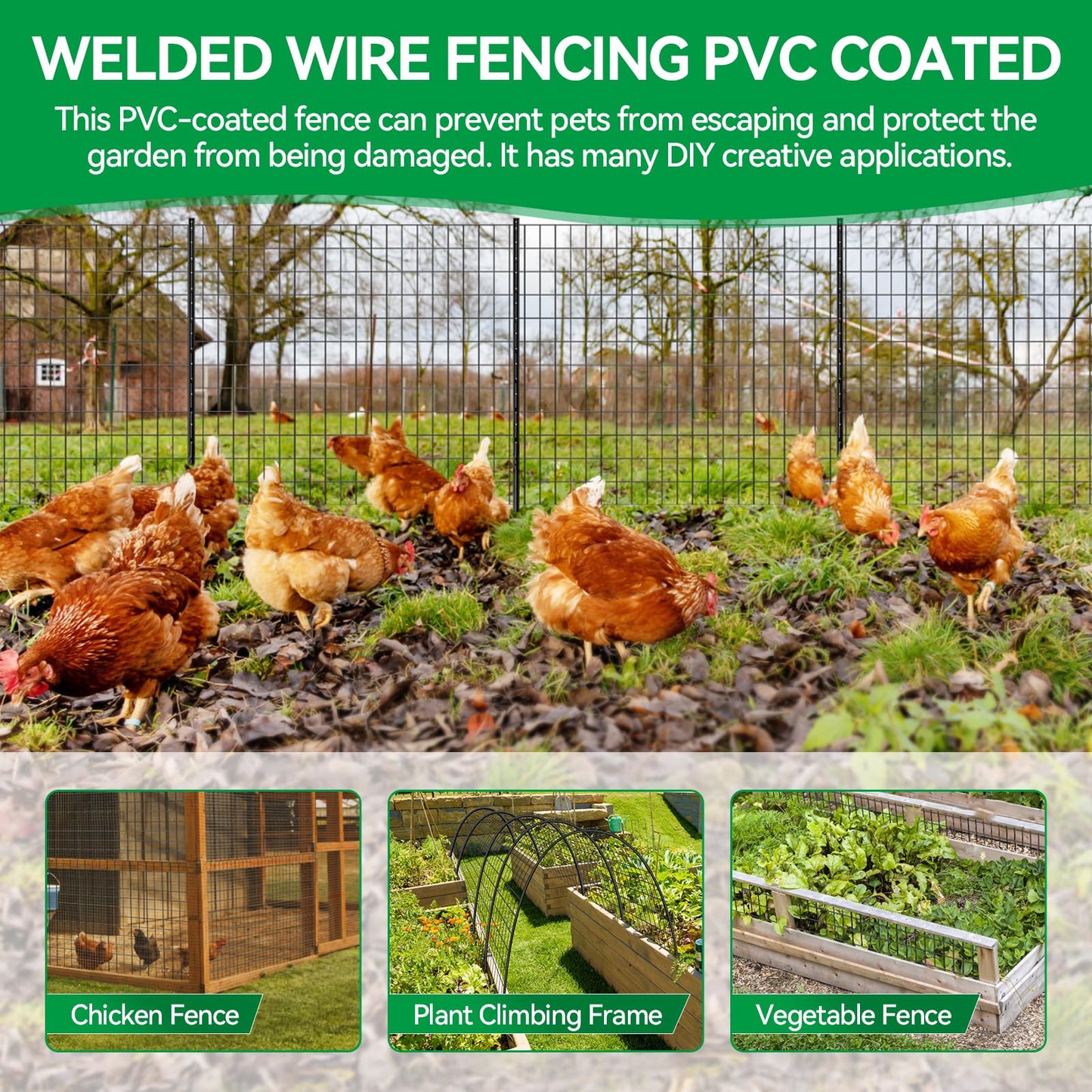 Welded Wire Fence, 100ft(L) x 4ft(H) PVC Anti-Rust Coated Wire Mesh, 2 Inch x 3 Inch 16GA Garden Edging Border, Roll Metal Animal Barrier for Yard Vegetable Plant Protection Poultry Netting
