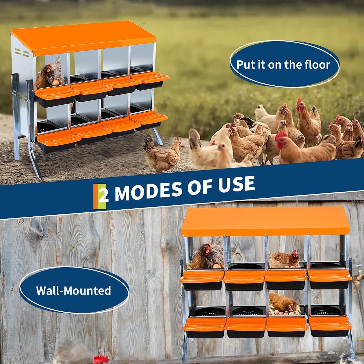 8 Hole Chicken Nesting Box, Nesting Boxes for Chickens Roll-Away Egg Collection System with Ventilation Holes Rustproof Plastic Tray & Keyhole Mounting, Chicken Laying Box for Hen & Duck with Leg