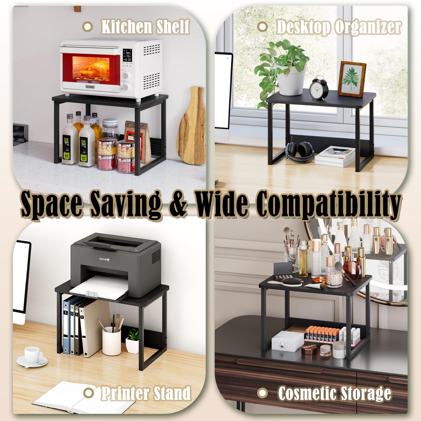 MARTY Kitchen Countertop Organizer Cabinet Shelf, 17x12.4 Large Spice Racks Counter Shelf Microwave Oven Rack Desktop Storage Organization for Kitchen, Office, Metal & Wood, Black