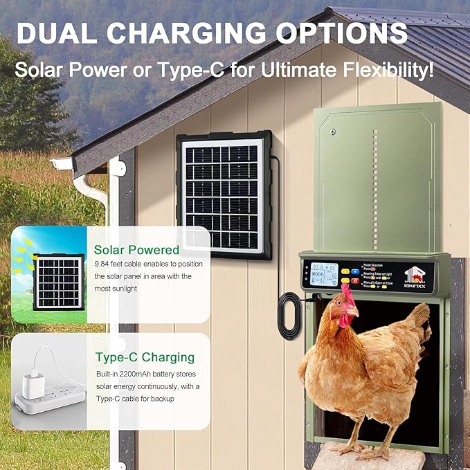 Automatic Chicken Coop Door Solar Powered with Timer, Light Sensor, Remote Control, LCD Display, Aluminum Alloy 4 Auto Modes Wide Chicken House Door, Anti-Pinch, Weatherproof, USB Backup, Green