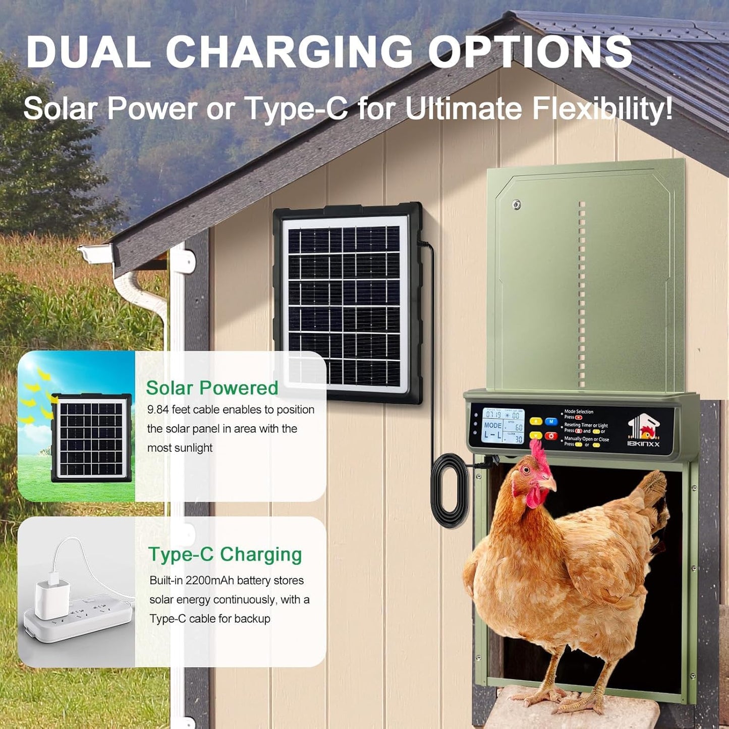 Automatic Chicken Coop Door Solar Powered with Timer, Light Sensor, Remote Control, LCD Display, Aluminum Alloy 4 Auto Modes Wide Chicken House Door, Anti-Pinch, Weatherproof, USB Backup, Green