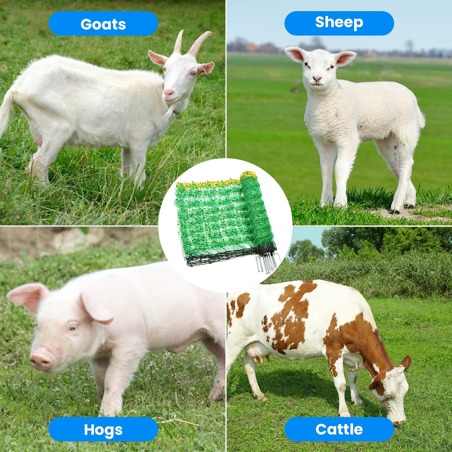 Electric Fence Netting, 42.5" H x 164'L, Portable Livestock Fencing Used in Backyards, Farms and Ranches, Electric Netting Fence for Cattle, Sheep, Goat, Hogs, Net Fencing with 14 Posts Double Spiked