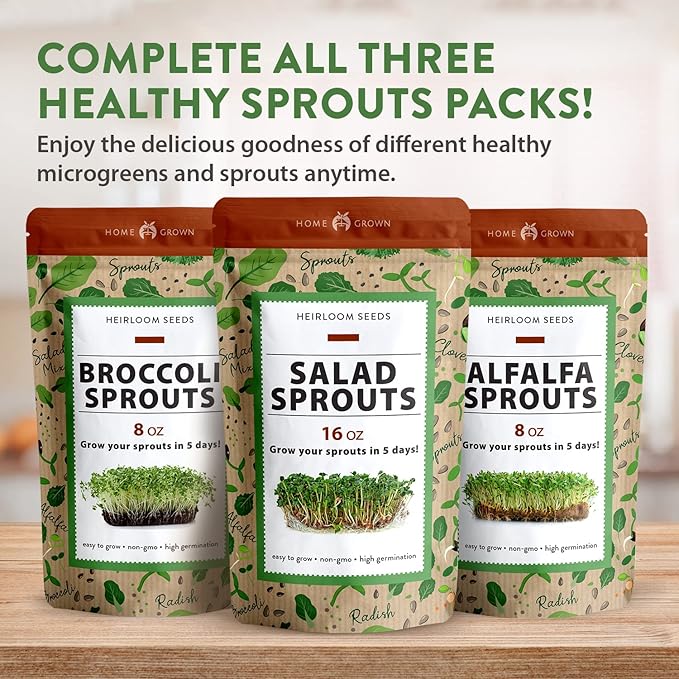 HOME GROWN Premium Sprouting Seeds Mix - Microgreens Seeds for Indoor Growing - Non-GMO Broccoli, Alfalfa, Radish, Clover Sprouts Seed - 16oz Resealable Pack for Healthy Salad & Juicing