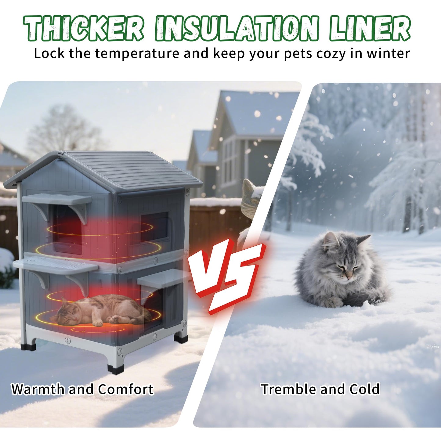 Insulated Outdoor Cat Houses - Waterproof 2 Story Cat House for Outside with Escape Door for Winter，Elevated Outdoor Cat House for Feral Stray Barn Cat Kitty