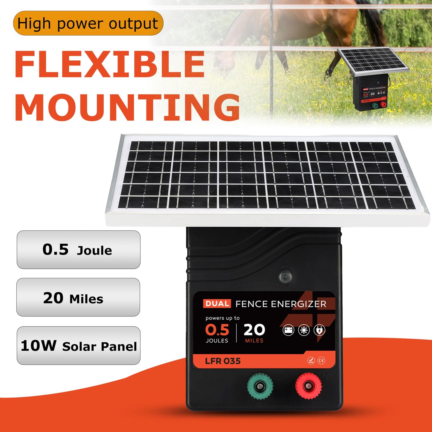 20 Miles Solar Electric Fence Charger, 0.5 Joule Portable Solar Fence Charger, Solar Electric Fence Kit, with 10W Solar Panel for Livestock, Preventing Predators from Intruding