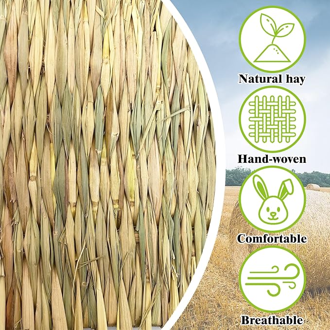 kathson 4 PCS Large Grass Mat for Rabbit, Natural Bunny Woven Hay Mat Straw Small Animal Bedding Nest for Guinea Pigs Hamster Chinchillas Puppy Biddy Sleeping Chewing Scratching