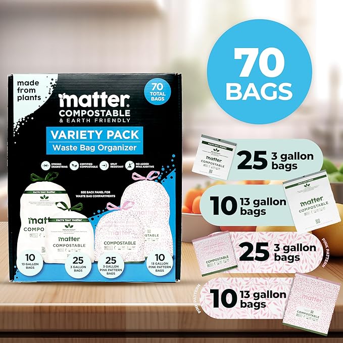 Matter Compostable Variety Pack 3 Gallon and 13 Gallon Kitchen Trash Bags with Drawstring, Unscented, Durable, Leak-Resistant, Eco-Friendly, 70 Count