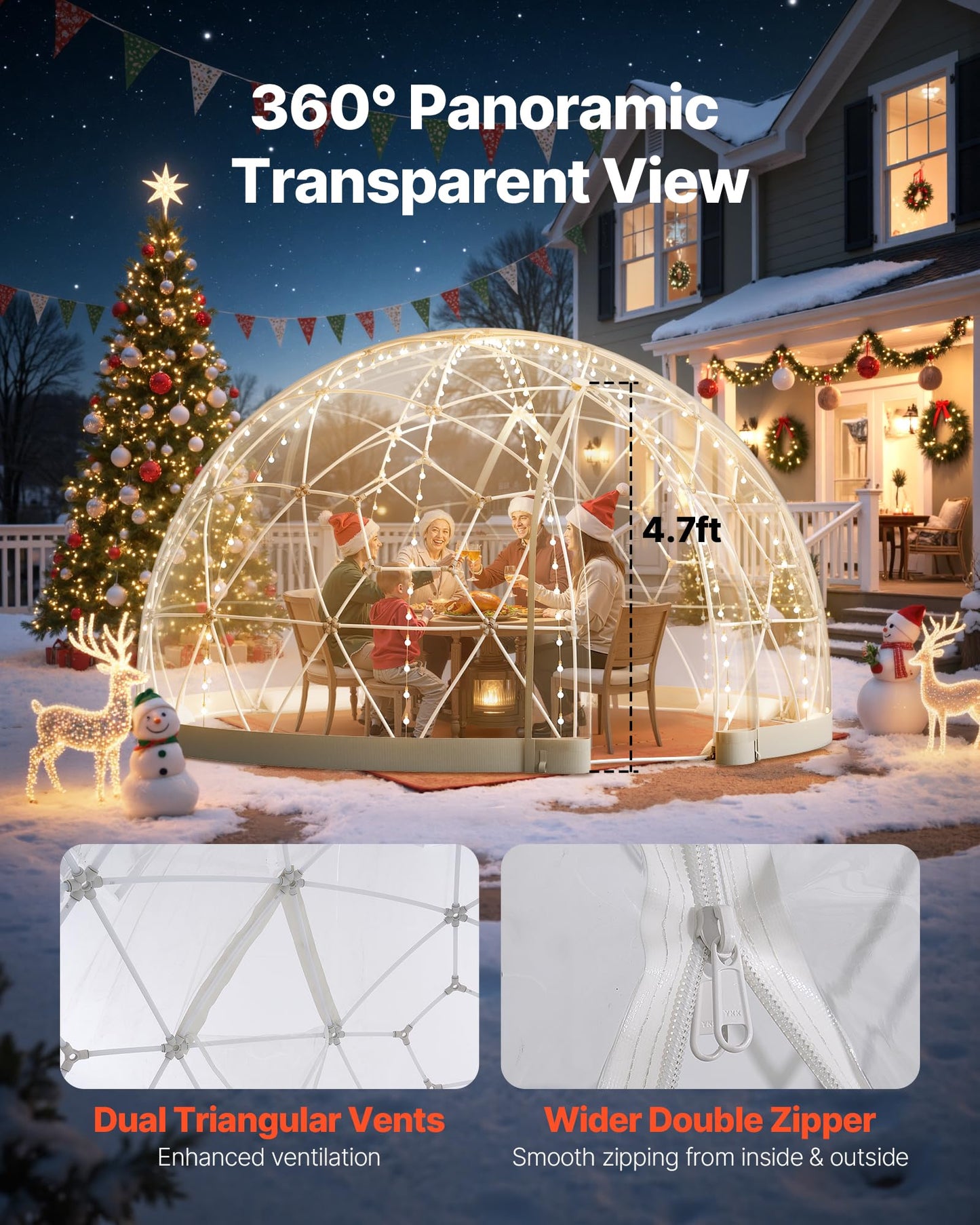 VEVOR Garden Dome Tent, 9.5 x 5.7 ft Outdoor Clear Bubble Tent for 2-4 Person, Weatherproof Geodesic Dome Greenhouse with Window, PVC Transparent Tents for Backyard Patios Camping Party Wedding
