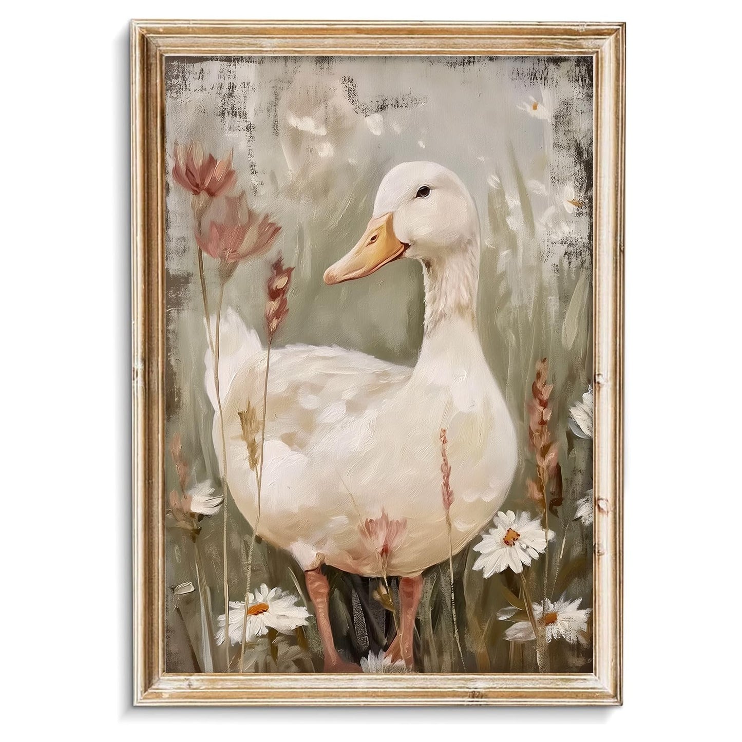 Vintage Goose Painting Farmhouse Duck Pictures Rustic Animal Canvas Wall Art Cute Goose Poster Vintage Nursery Artwork Flower Animal Wall Art Retro Duck Painting Cute Farmhouse Print 16x24in No Frame