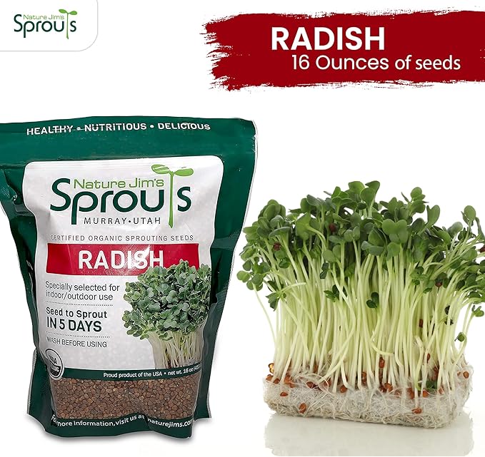 Nature Jims Radish Sprout Seeds – 16 Ounce Organic Sprouting Seeds – Non-GMO Premium Radish – Resealable Bag for Longer Freshness Rich in Vitamins, Minerals, Fiber