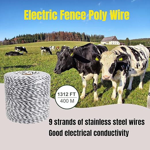 Portable Electric Fence Polywire, 1312 Feet 400 Meter, 9 Conductors, Black and White Color