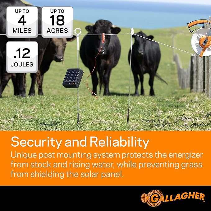 Gallagher S12 Solar Energizer and 1312' Poly Wire Electric Fence Kit for Livestock, Gardens, Orchards, Pets, and More