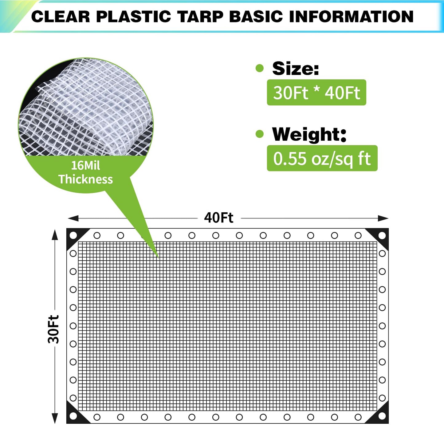 30Ft x40Ft Clear Greenhouse Plastic Covering, 16Mil Thickness Heavy Duty Clear tarp for Chicken coop, Greenhouse Plastic sheeting with Hemmed Edges & preinstalled Grommets.