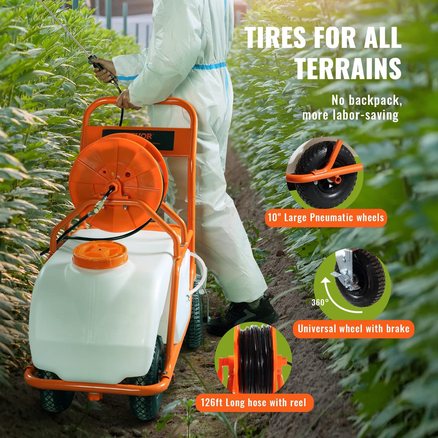 VEVOR Battery Powered 15 Gallon Garden Weed Sprayer with Wheeled Cart, 126FT Hose with Reel, 8 Nozzles, 2 Wands with Lock Trigger, 0-90PSI, 5-6h Spray Time, Wide Mouth Lid, Rotating Wheels with Brake