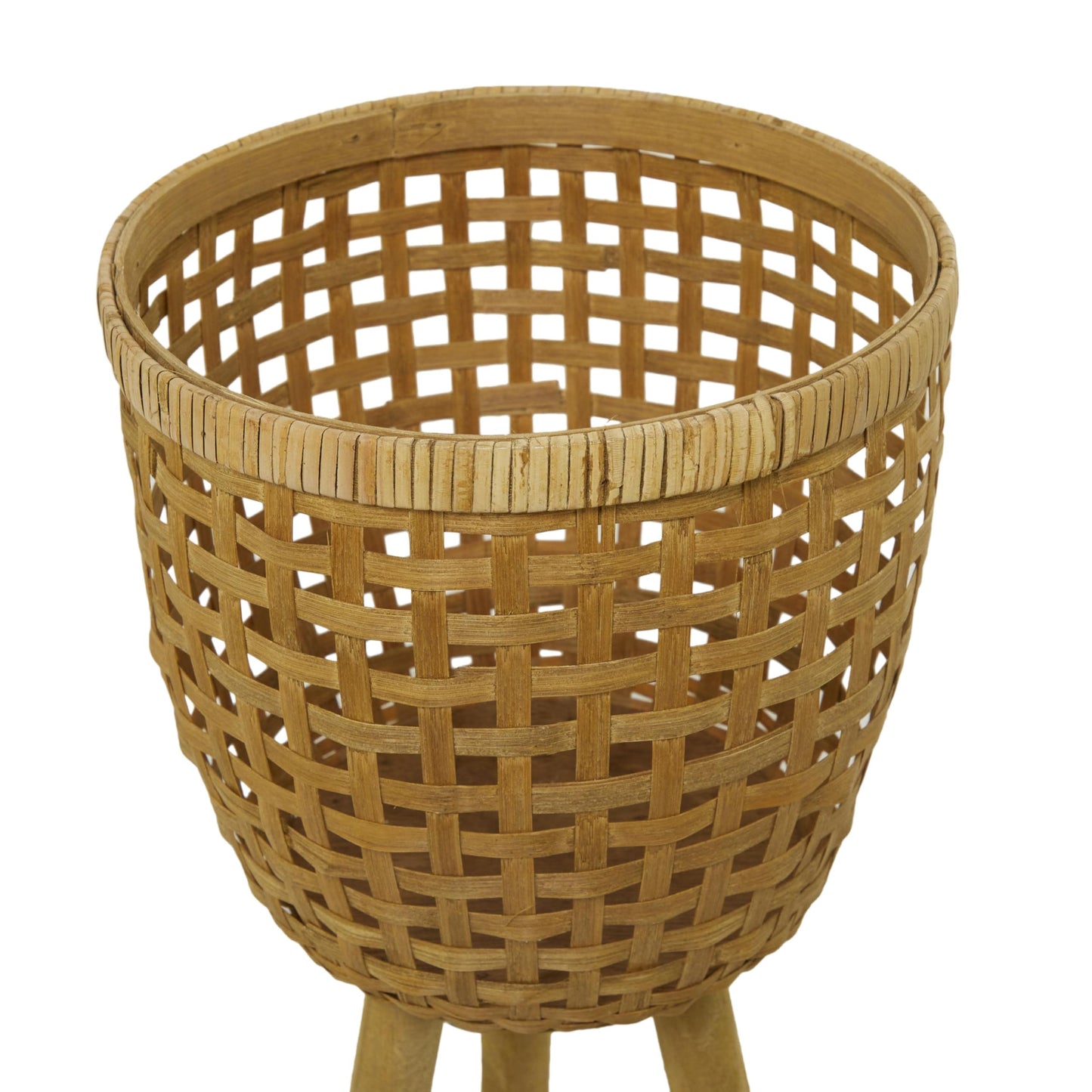 Deco 79 Bamboo Wood Handmade Indoor Planter Woven Basket Large Planter Pot with Wooden Tripod Legs, Set of 3 Planters 26", 23", 20"H, Brown