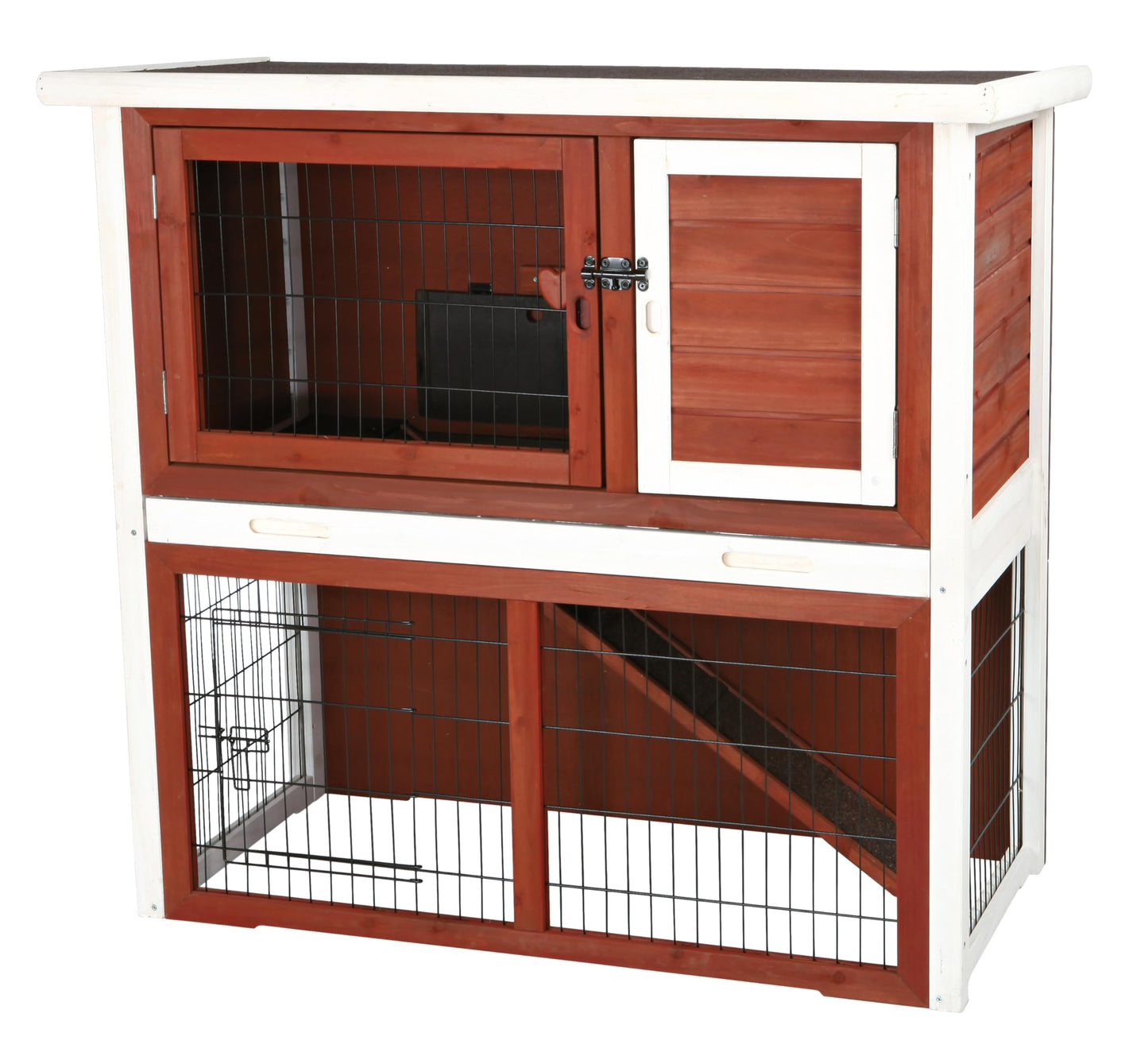 TRIXIE natura Outdoor Rabbit Hutch with Run - 2-Story Rabbit Cage with Non-Slip Ramp - Medium Elevated Small Animal House with Secure Playpen, Hinged Roof & Pull-Out Tray - in Auburn/White