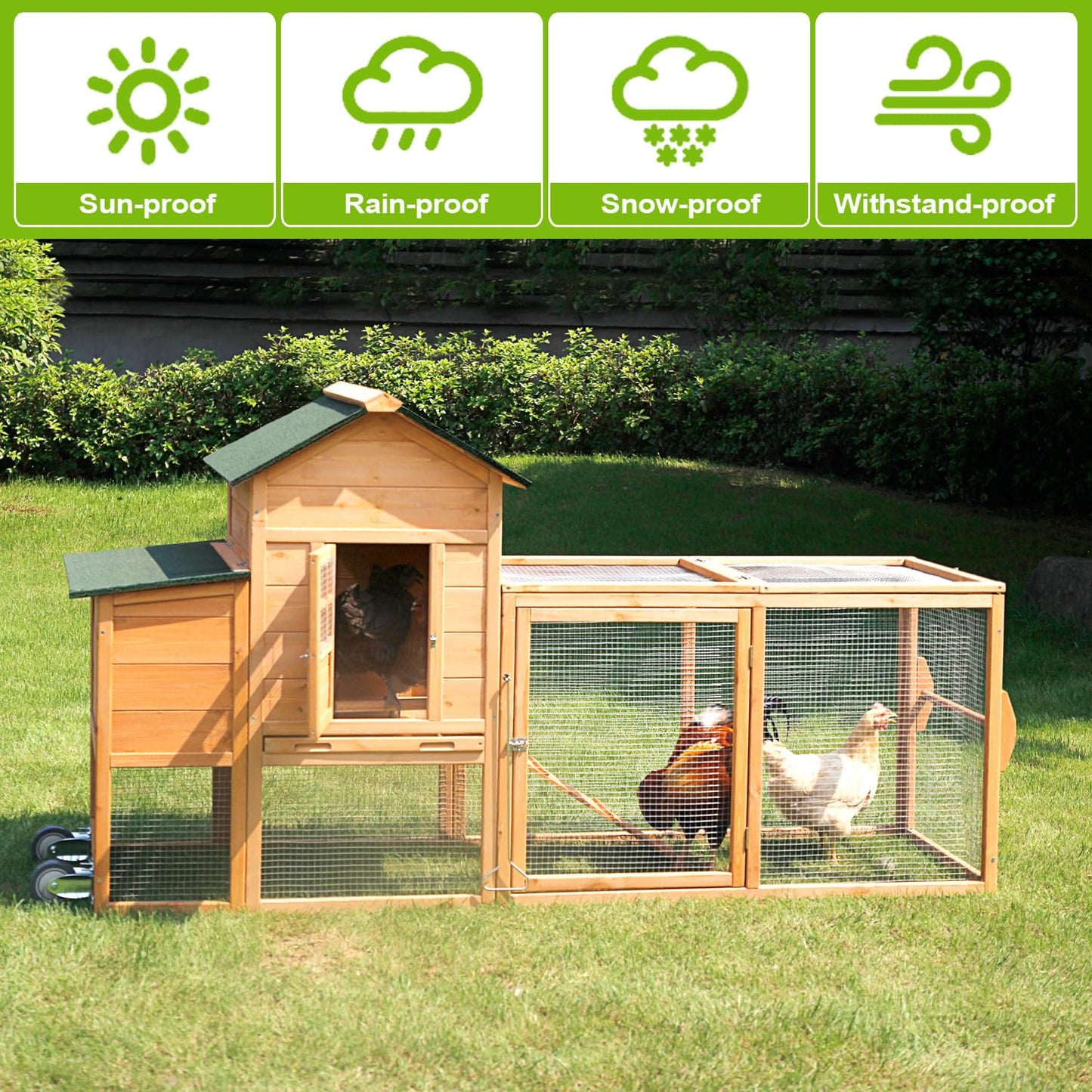 ECOLINEAR Large Chicken Coop with Wheels, Waterproof Outdoor Hen House for 6-8 Chickens, Movable Chicken House with Two Nesting Box, Removable Tray, PVC Cover, Wooden Duck Coop Rabbit Hutch