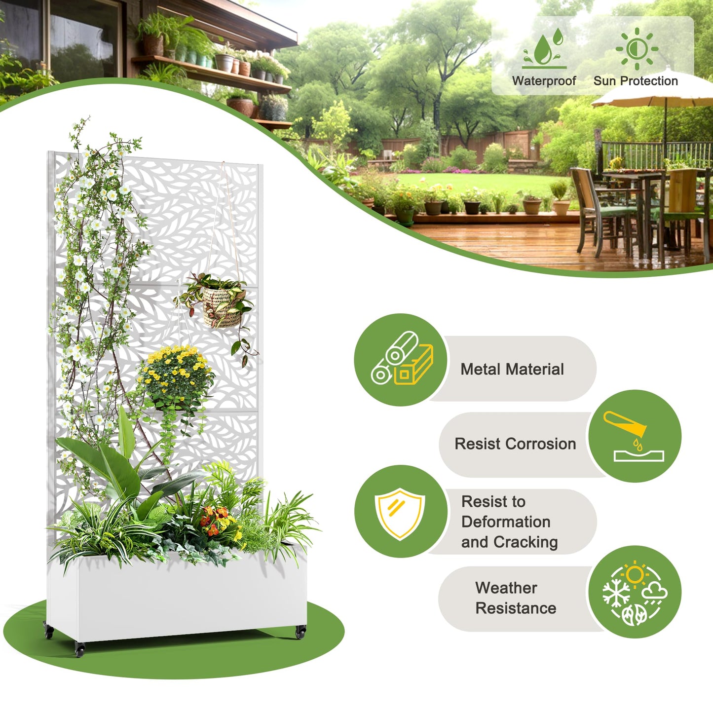 FENCY Metal Raised Garden Bed with Wheels and Trellis,73"x35"x16" Planter Box for Climbing Plants, Vegetables & Vines, Features Privacy Screen and Drainage Holes (White-Leaf)