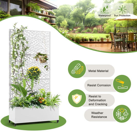 FENCY Metal Raised Garden Bed with Wheels and Trellis,73"x35"x16" Planter Box for Climbing Plants, Vegetables & Vines, Features Privacy Screen and Drainage Holes (White-Leaf)