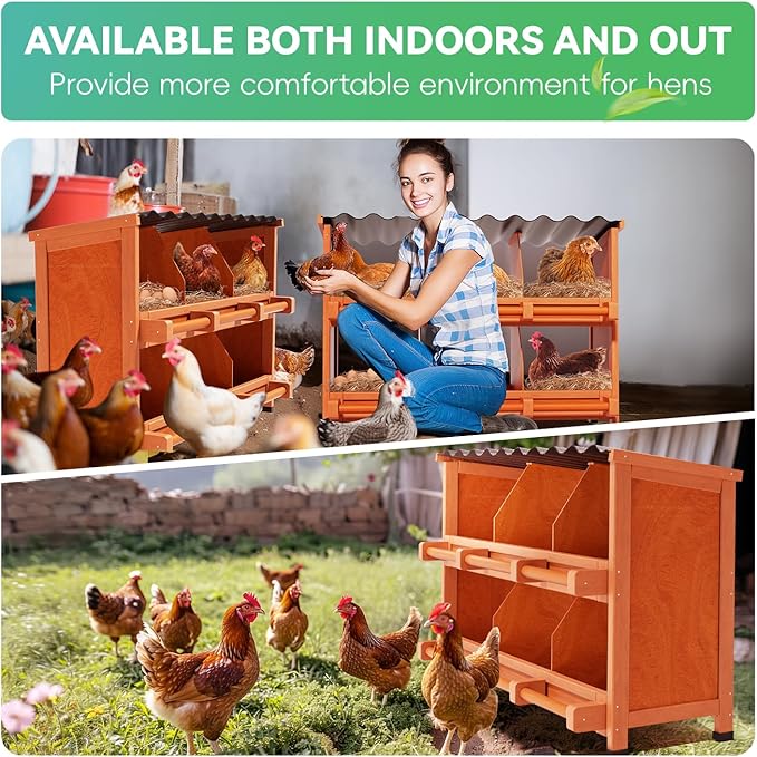 Chicken Nesting Box with Slanted Roof, Wooden Laying Box for Hens & Ducks, Heavy Duty & Easy to Clean, All Weather Backyard Coop Accessory for Egg Collection(6 Compartment)