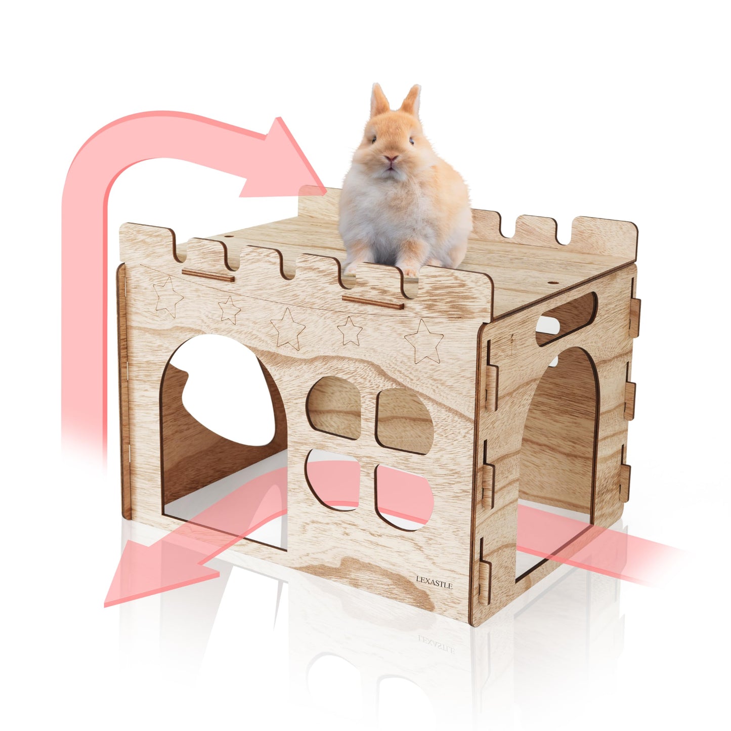 LEXASTLE Larger Bunny Castle Sturdy Walnut Color Wooden Rabbit Hideout for Bunnies Guniea Pigs Ferrets Chinchillas Hamsters
