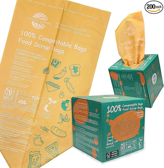Compostable Trash Bags, 2.6 Gallon, 9.84 Liter, 200 Count, Extra Thick, Food Scrap Small Kitchen Waste Bags, US BPI ASTM D6400 and Europe OK Compost Home Certified