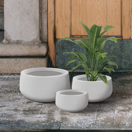 Kante 19.6",15.7",11.8" Dia Round Concrete Planters Set of 3, Outdoor Indoor Garden Plant Pots with Drainage Hole and Rubber Plug, Modern Curvaceous Design, Pure White