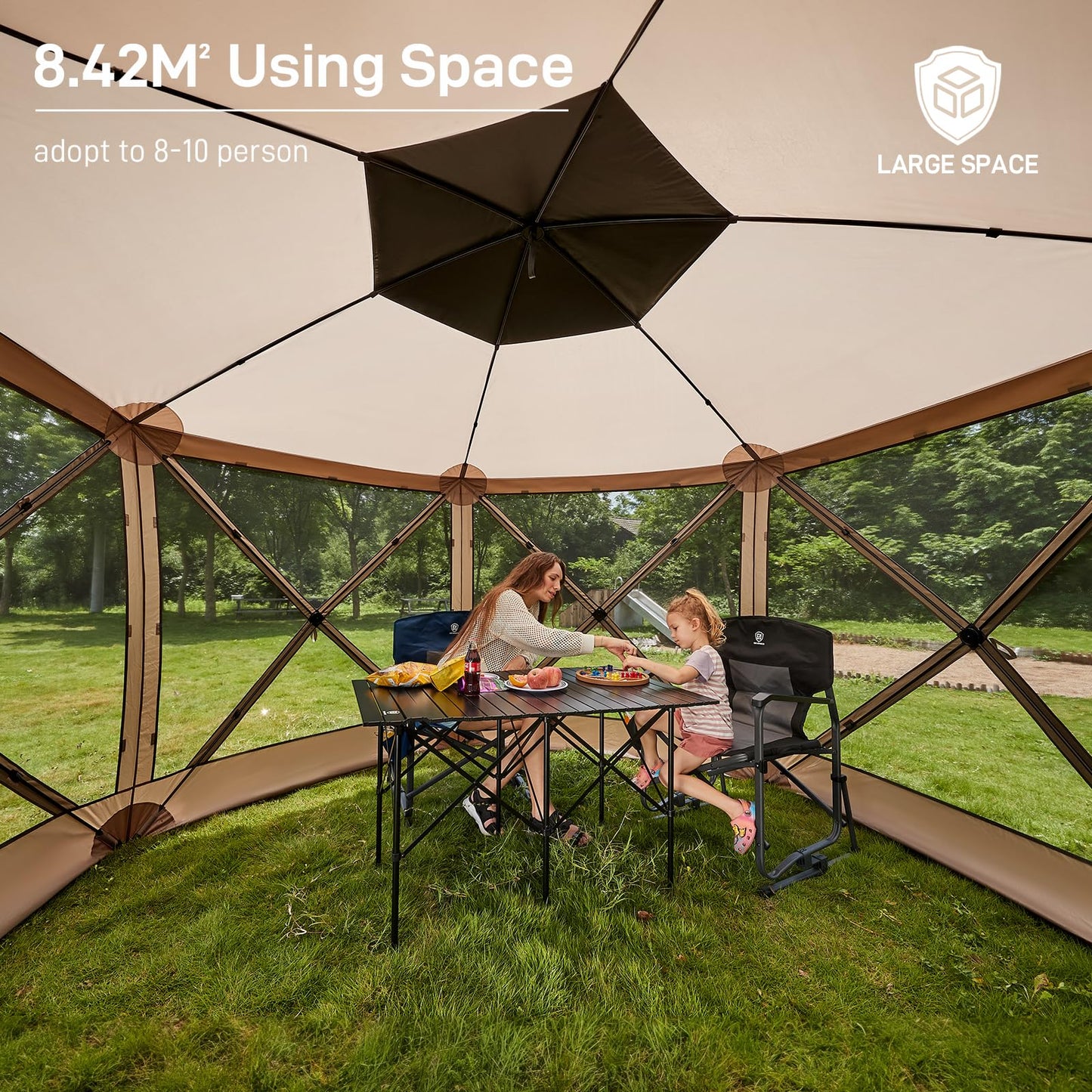 EVER ADVANCED Pop Up Gazebo Screen House Tent for Camping 11.5 ft for 8-10 Person Instant Canopy Shelter with Netting Portable for Outdoor, Backyard, Brown