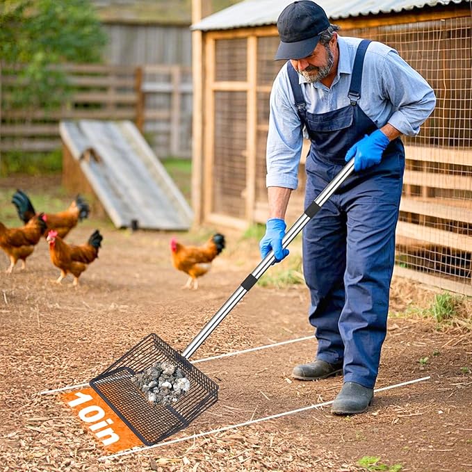 BABORUI 10Inch Large Chicken Poop Scooper, Adjustable Litter Scooper for Chicken, Detachable Stainless Steel Chicken Coop Cleaning Tools, Heavy Duty Poop Shovel for Chicken Coop Accessories